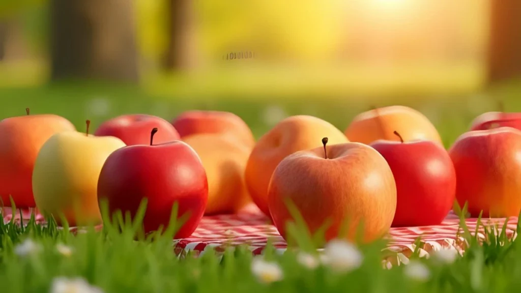 Variety of colorful apples on grass outdoors showing the health benefits of apples