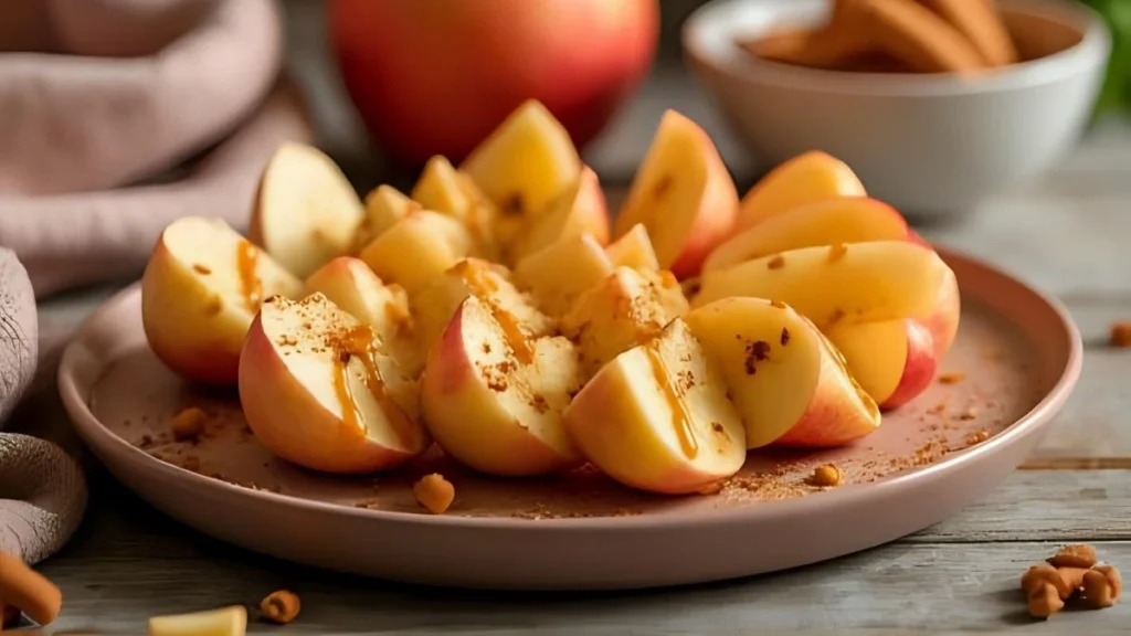 Apple salad with cut apple pieces, nuts, and honey drizzle