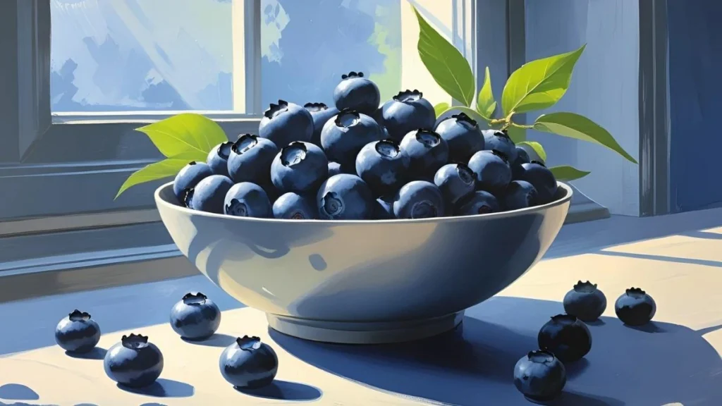 Blueberries in a bowl near window with a green leaf