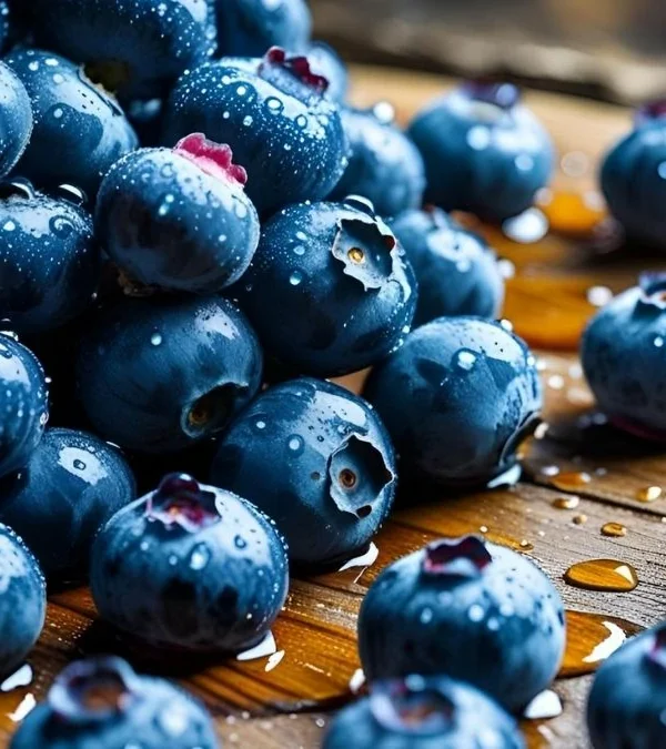 Fresh wet blueberries scattered on a wooden table