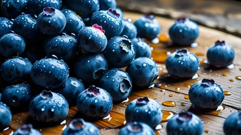 Fresh wet blueberries scattered on a wooden table