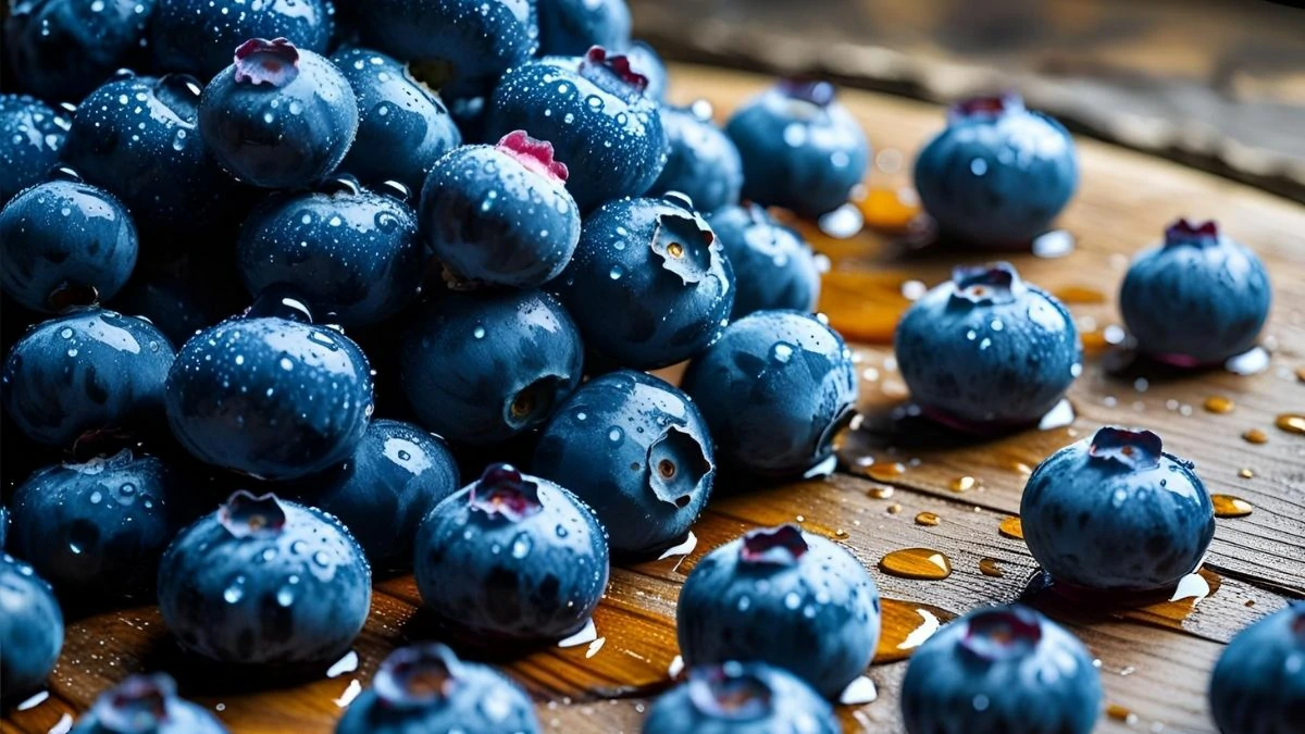 Fresh wet blueberries scattered on a wooden table